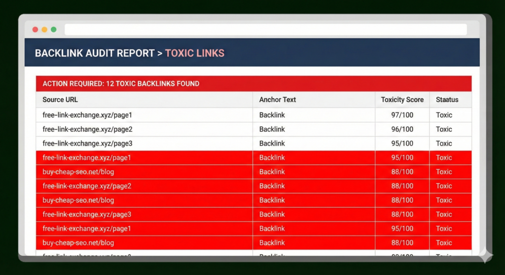 Backlink report with toxic links